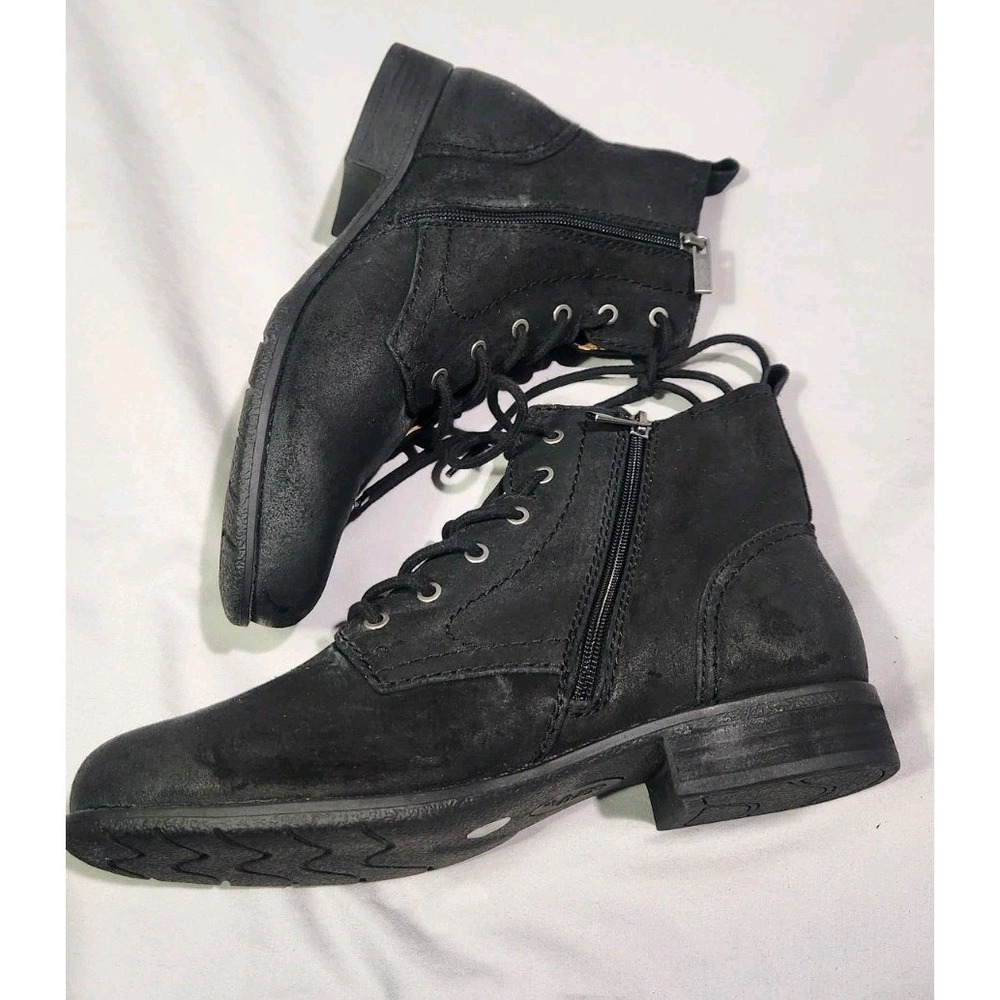 EARTH Janel 9W Leather Black Combat Ankle Boots Lace Up Side‎ Zip Rubber Sole - Picture 3 of 8